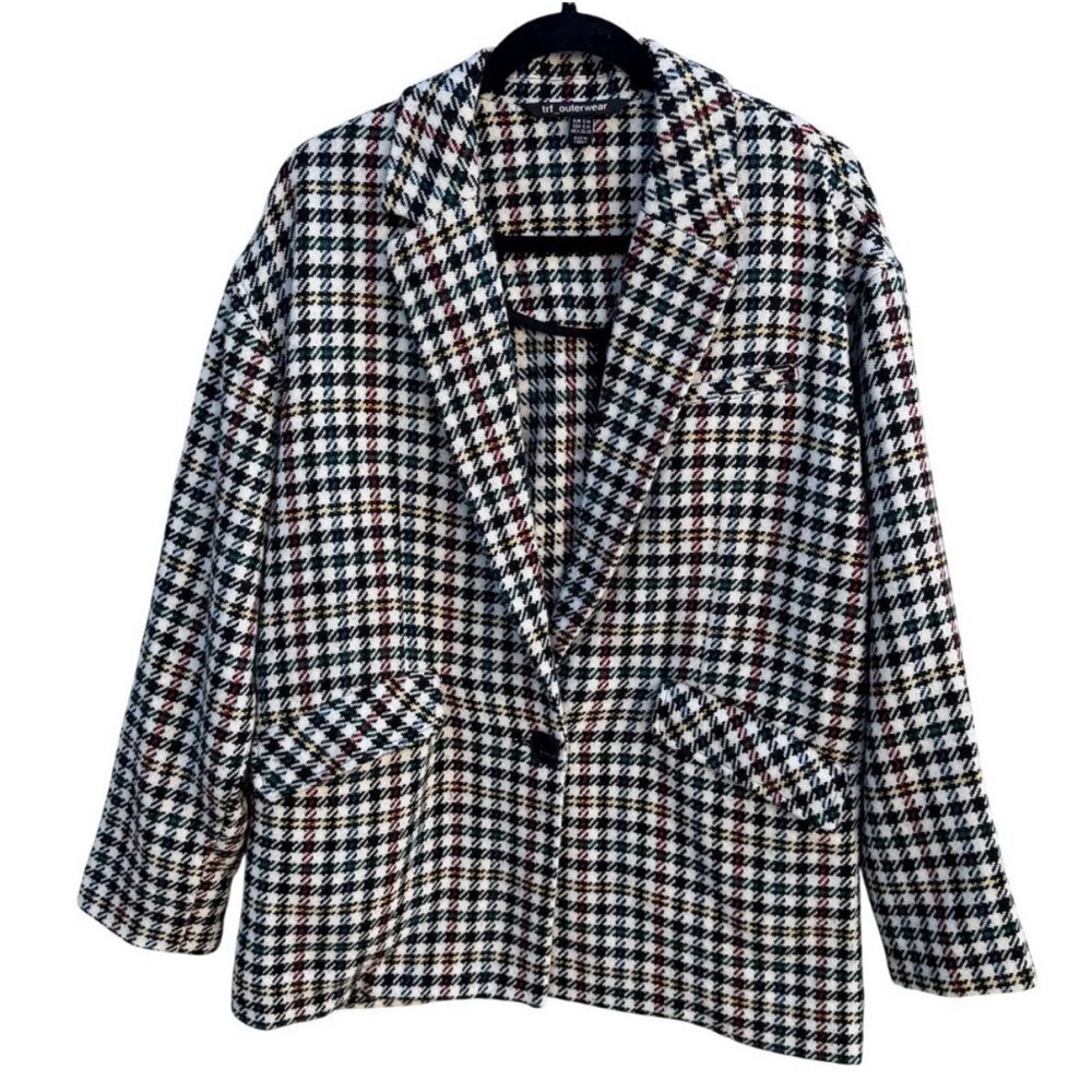 Trf Outerwear Zara Vintage-Style Plaid Blazer Coat S-M Houndstooth Wool Blend‎